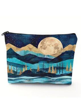 Cosmetic Bag Mountains Moon Stars Trees Makeup Trendy Pouch Travel Storage Bag